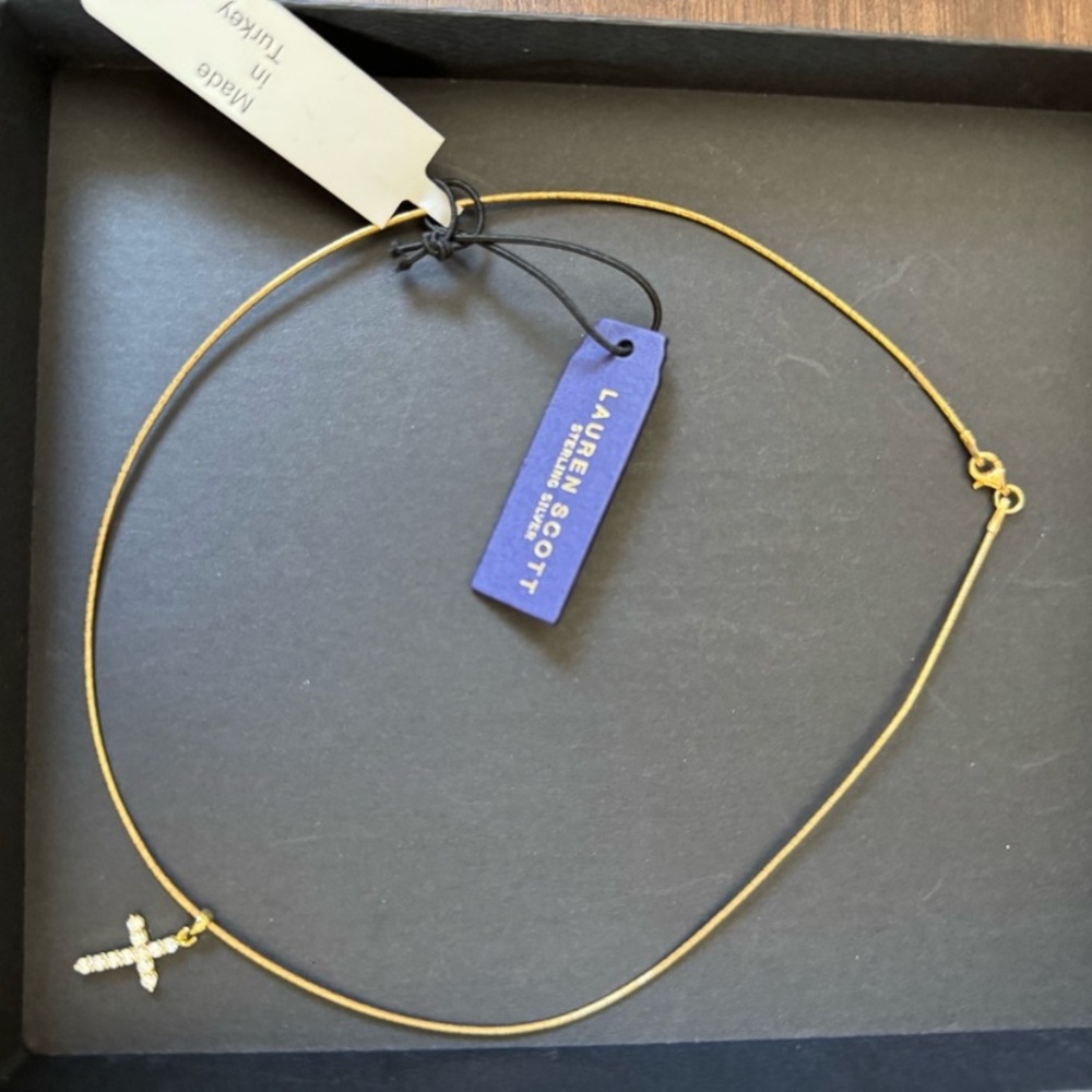 Lauren Scott Gold Plated Sterling Silver Necklace w small pendant crystal cross